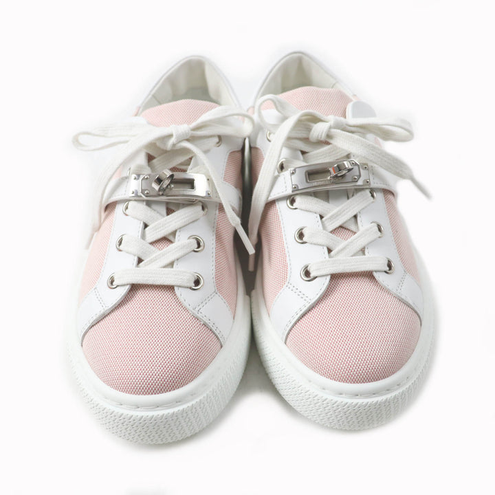 Excellent HERMES sneakers Day leather detailing and lace-up canvas pink 36.5