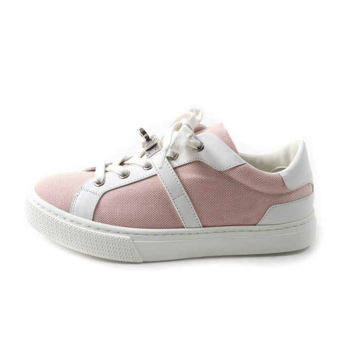Excellent HERMES sneakers Day leather detailing and lace-up canvas pink 36.5