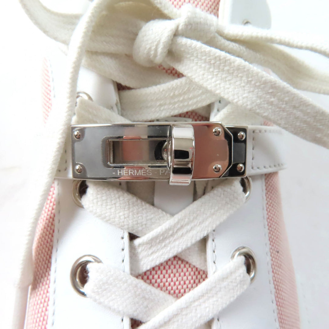 Excellent HERMES sneakers Day leather detailing and lace-up canvas pink 36.5