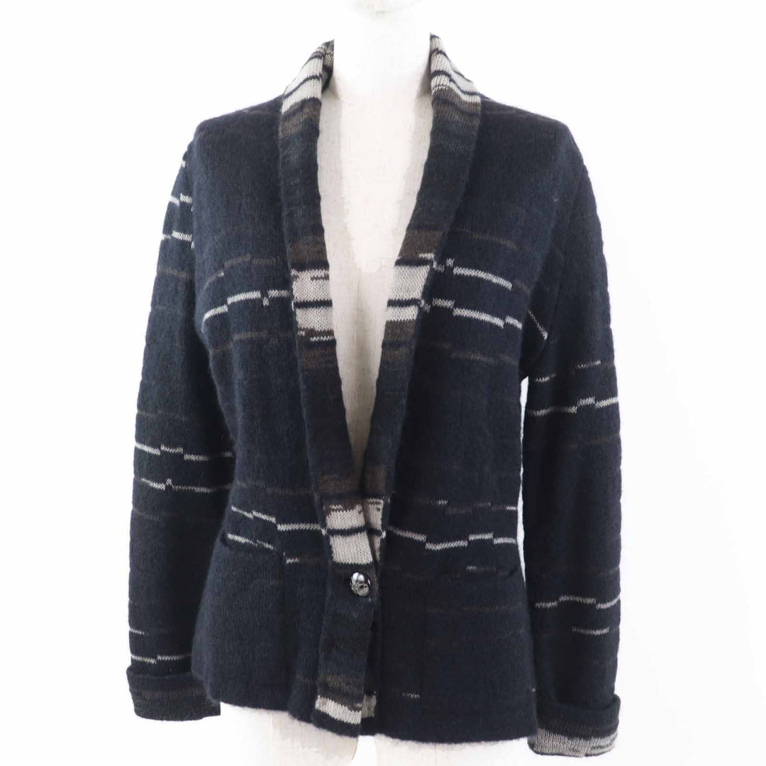 Excellent CHANEL cardigan COCO Mark buttoned knit Dark navy wool Women 42 09A P36148