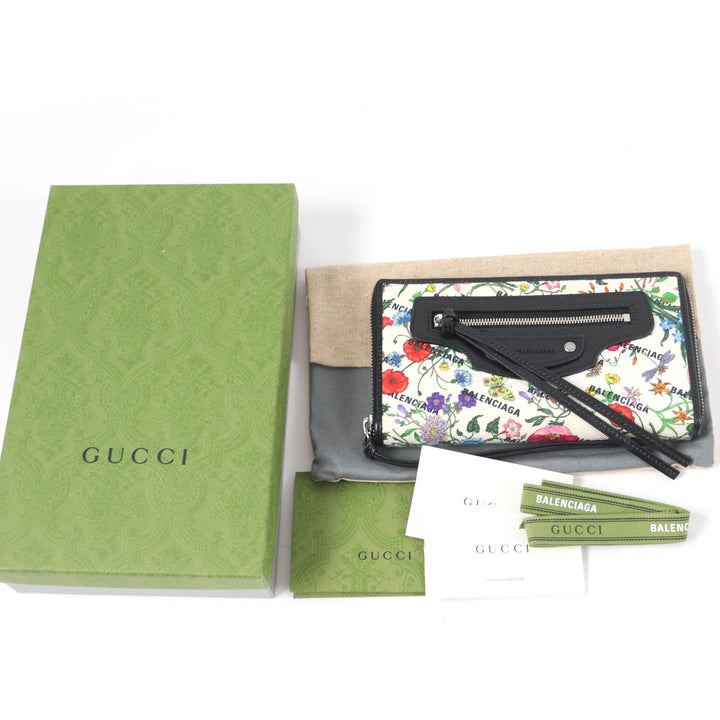 Excellent GUCCI×BALENCIAGA Purse Floral Round Zip Leather Long Wallet multicolor