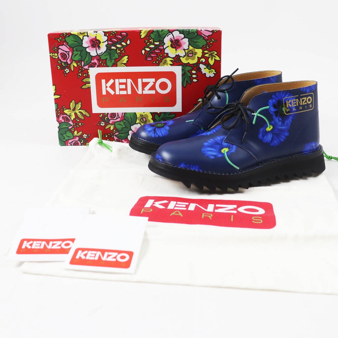 Pristine KENZO short boots KENZOWAVE NIGO POPPY PRINT LACE-UP blue leather Women 37