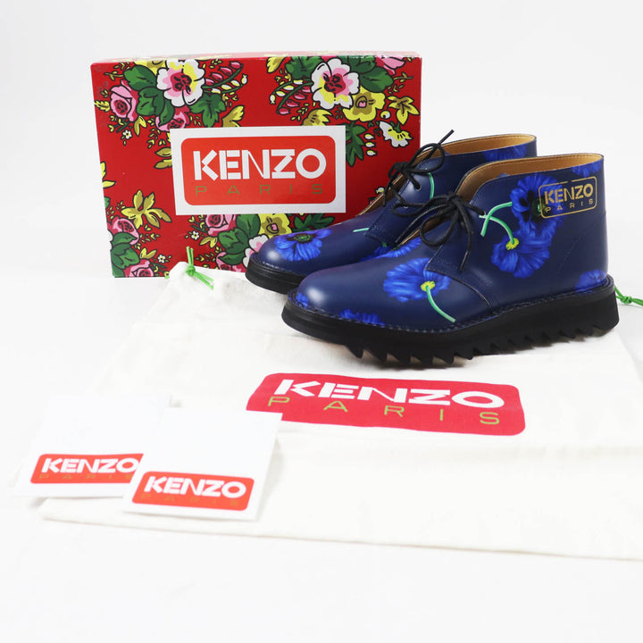 Pristine KENZO short boots KENZOWAVE NIGO POPPY PRINT LACE-UP blue leather Women 37