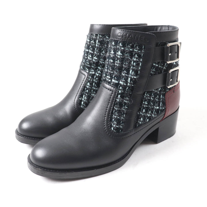 Great CHANEL Ankle boots Belt design Black light blue leather Women 22B G39334