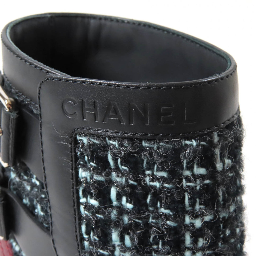 Great CHANEL Ankle boots Belt design Black light blue leather Women 22B G39334