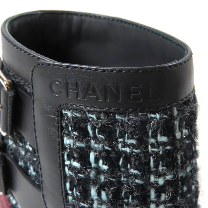 Great CHANEL Ankle boots Belt design Black light blue leather Women 22B G39334