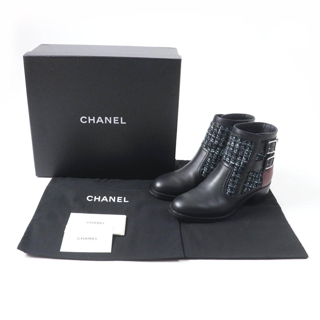 Great CHANEL Ankle boots Belt design Black light blue leather Women 22B G39334