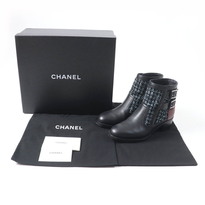 Great CHANEL Ankle boots Belt design Black light blue leather Women 22B G39334