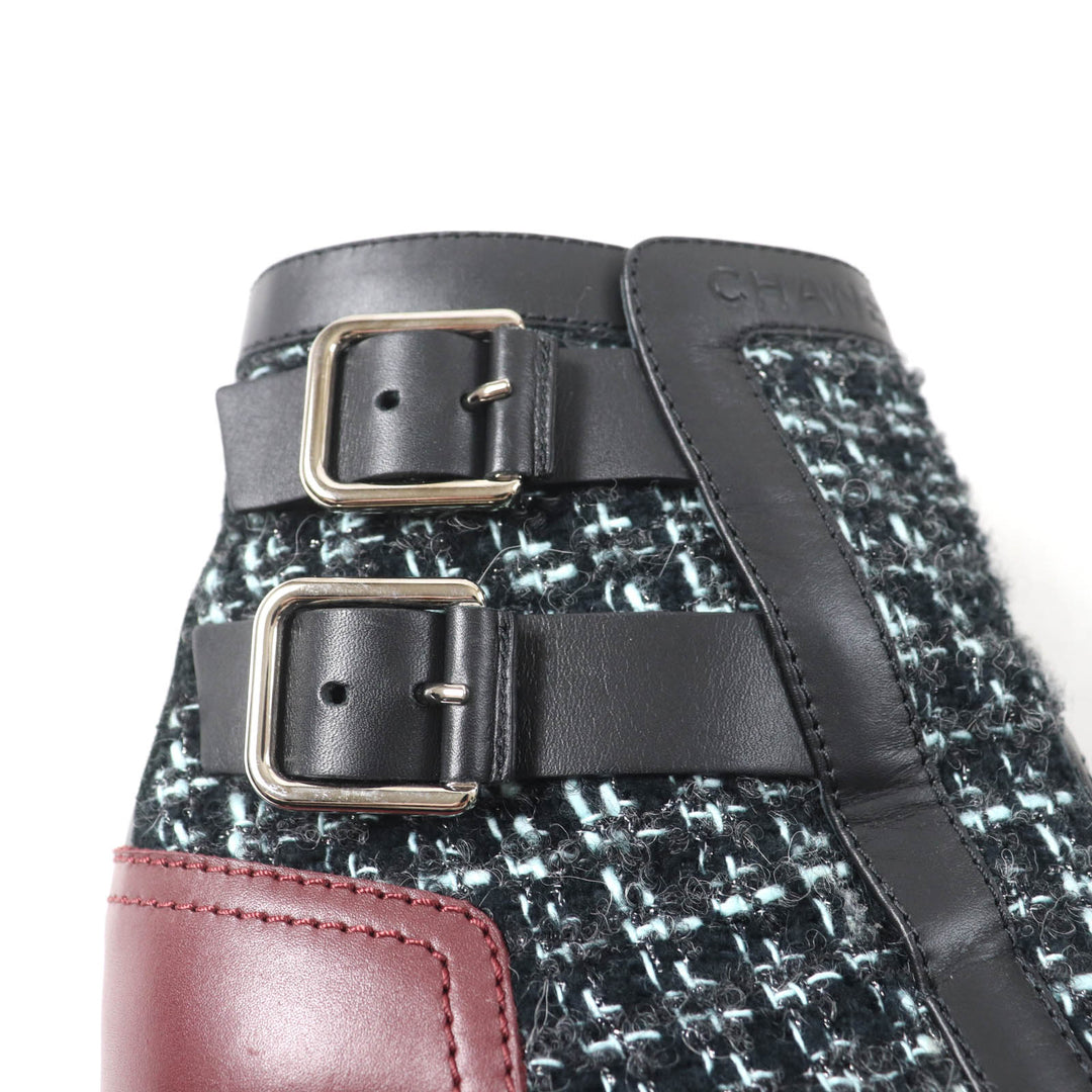 Great CHANEL Ankle boots Belt design Black light blue leather Women 22B G39334