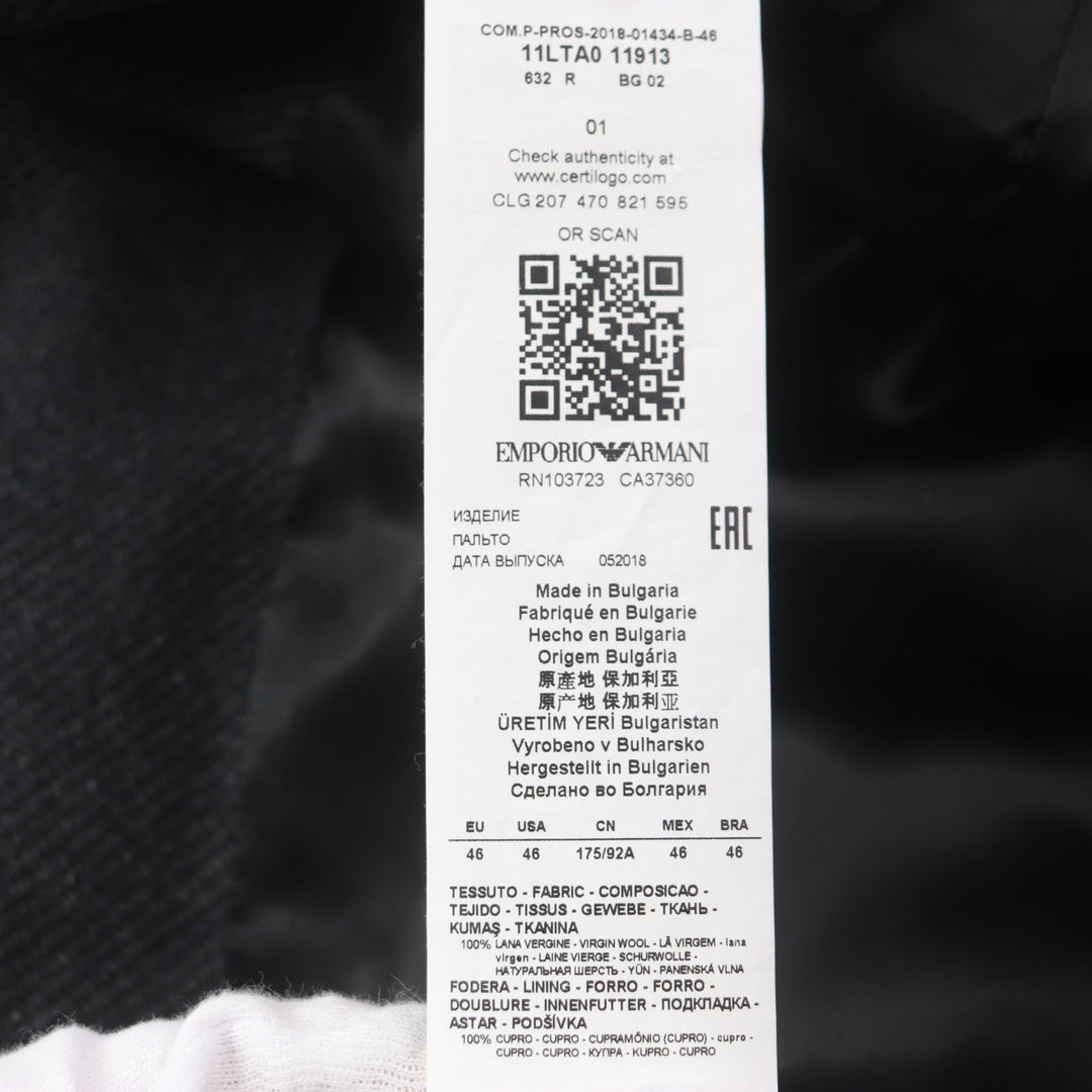Excellent EMPORIO ARMANI Chester coat Black Tag Woven Pattern Dark gray 46