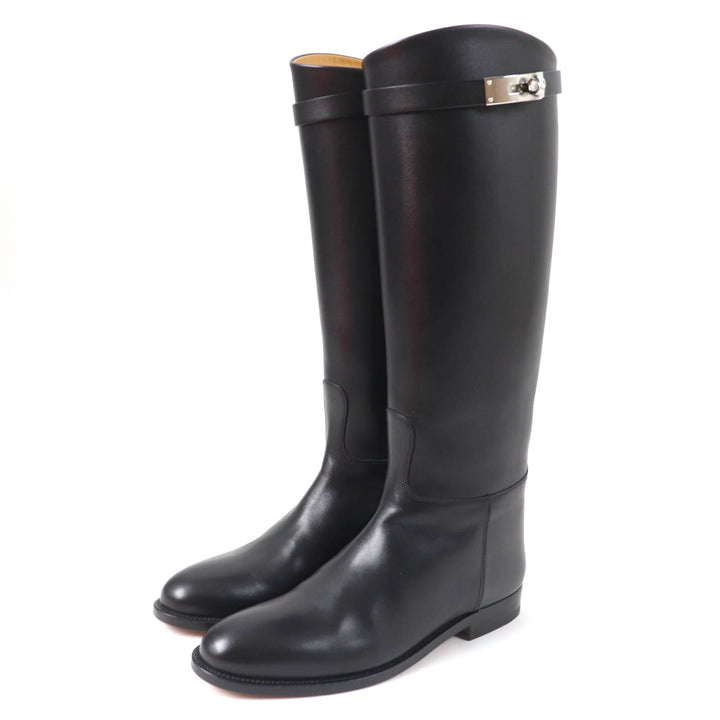 Pristine HERMES Knee-high boots Kelly Buckle Jumping black leather Women 37