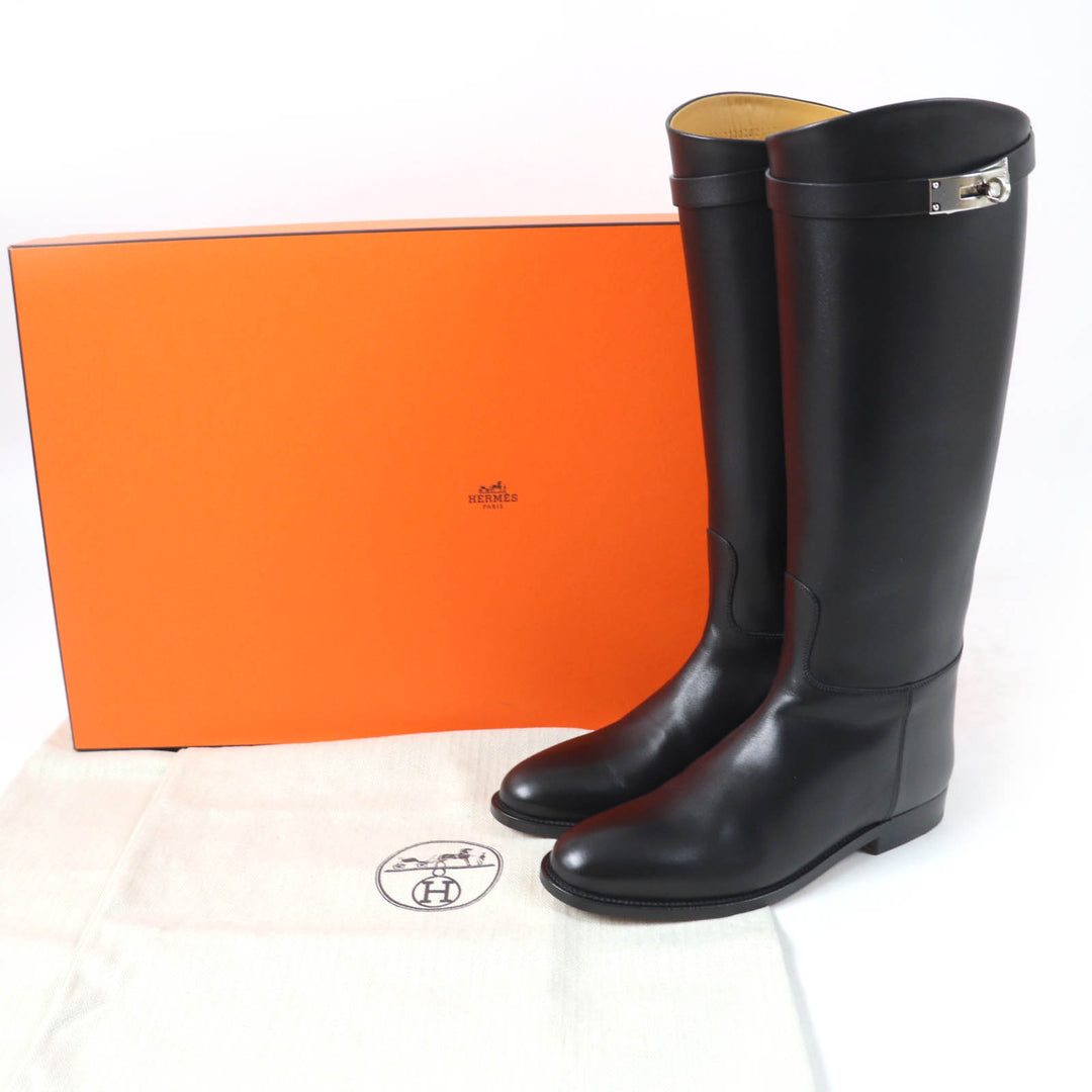 Pristine HERMES Knee-high boots Kelly Buckle Jumping black leather Women 37