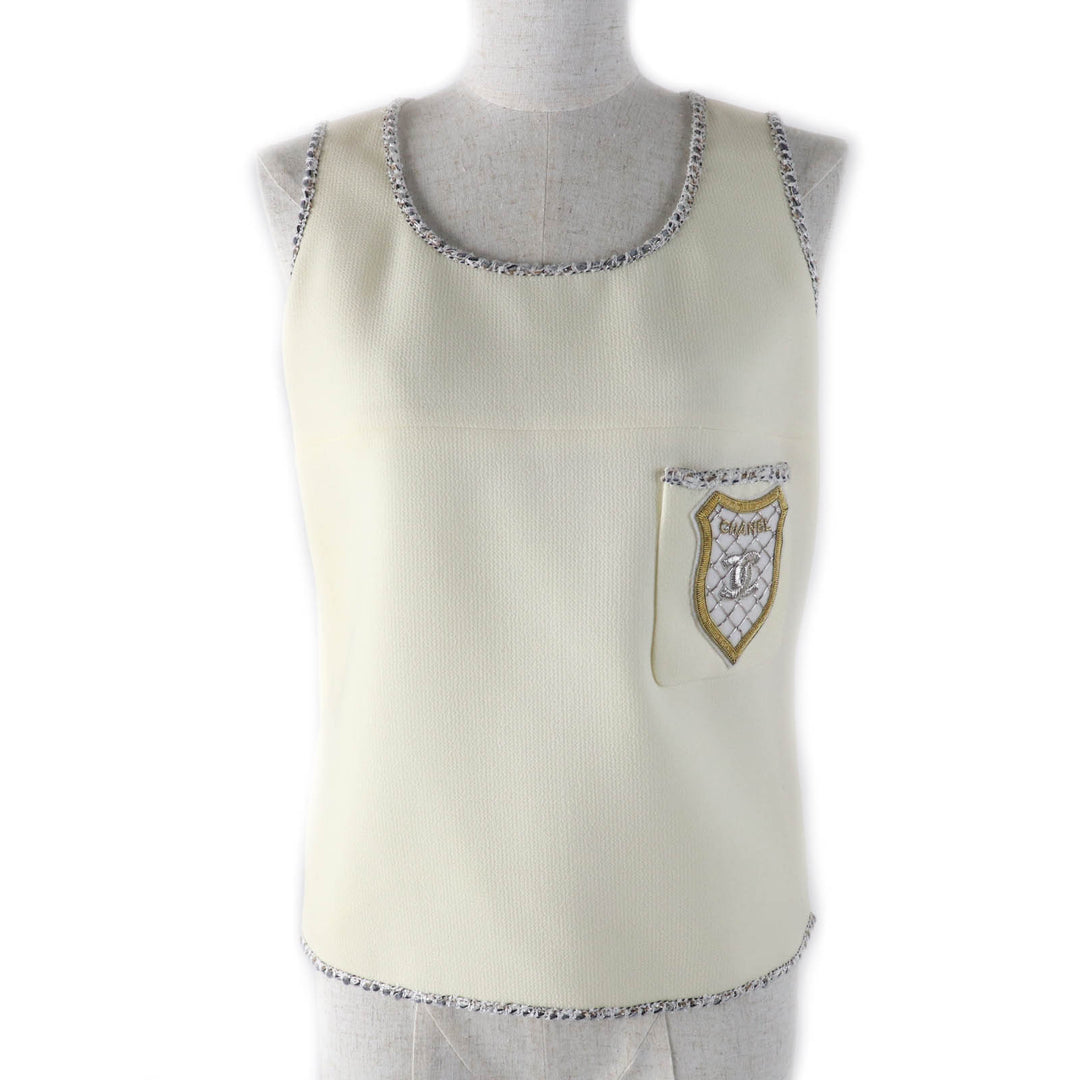 Excellent CHANEL Cut COCO Mark Emblem Tweed Trimmed off white Women 36 05C