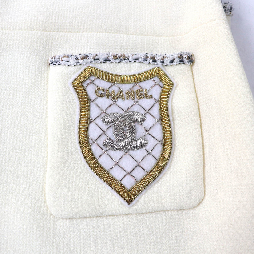 Excellent CHANEL Cut COCO Mark Emblem Tweed Trimmed off white Women 36 05C