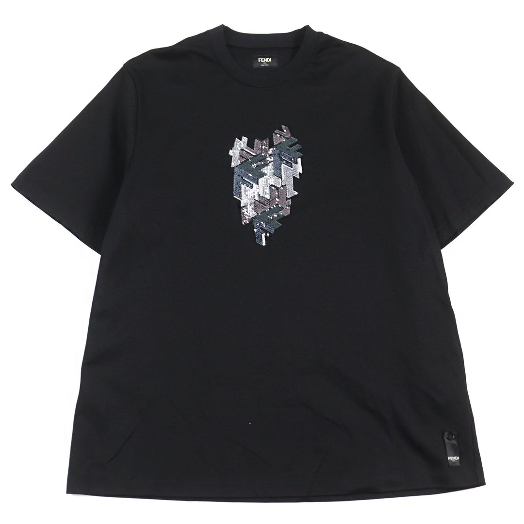 Excellent FENDI Short sleeve T-shirt Logo sequin crewneck Black series mens M