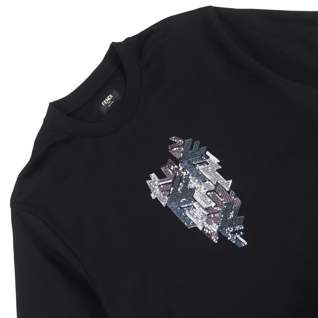 Excellent FENDI Short sleeve T-shirt Logo sequin crewneck Black series mens M