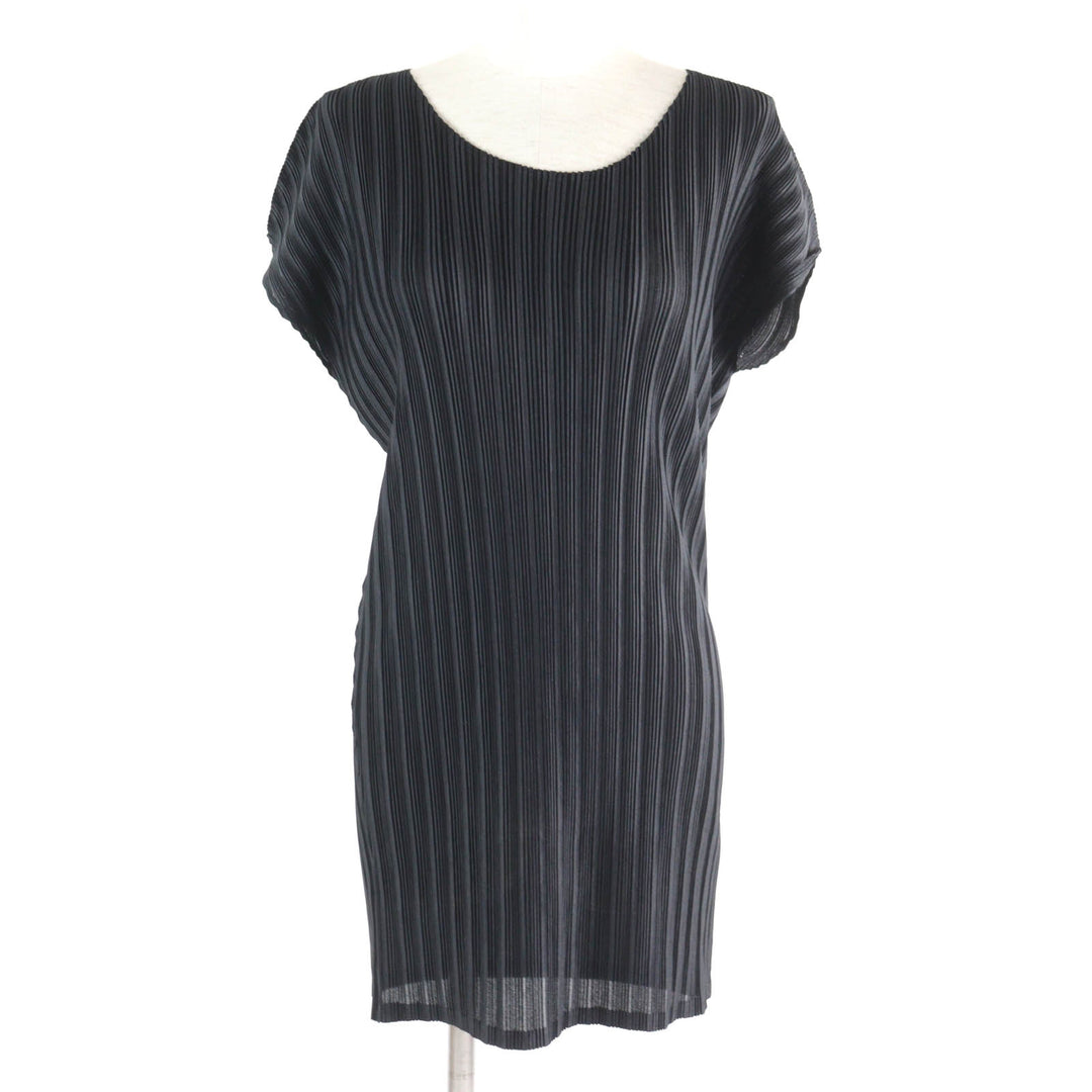 Excellent PLEATS PLEASE one piece Crew Neck French Sleeve Pleated Tunic black