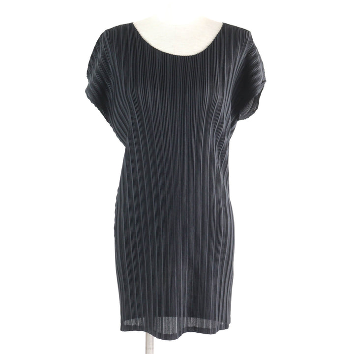 Excellent PLEATS PLEASE one piece Crew Neck French Sleeve Pleated Tunic black