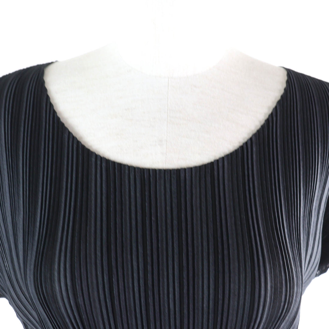 Excellent PLEATS PLEASE one piece Crew Neck French Sleeve Pleated Tunic black