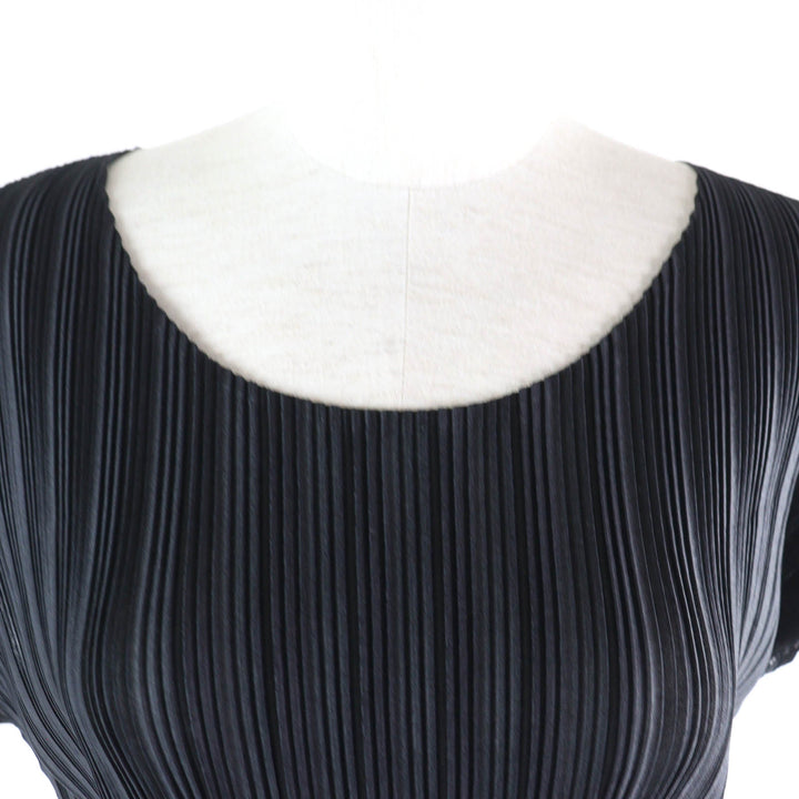 Excellent PLEATS PLEASE one piece Crew Neck French Sleeve Pleated Tunic black