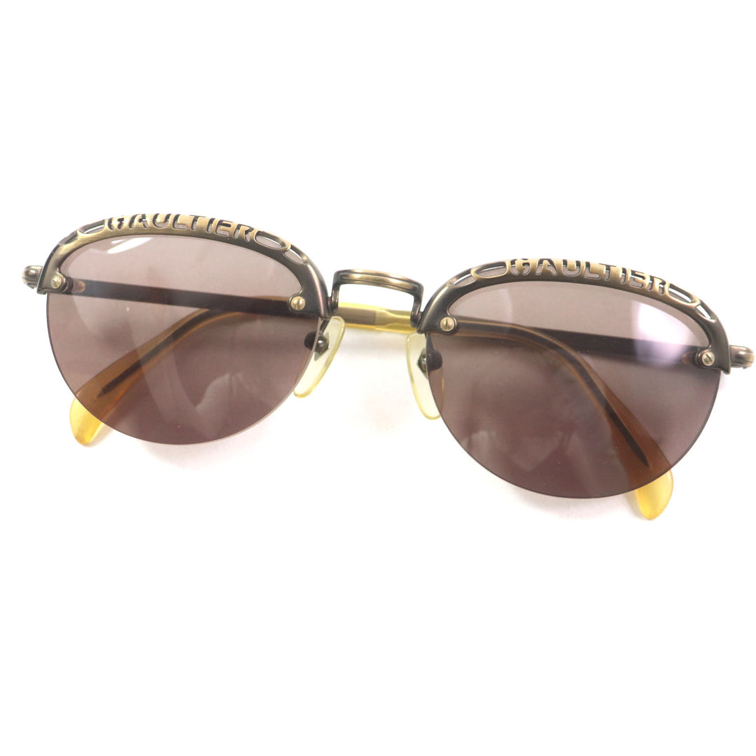 Very Good JEAN-PAUL GAULTIER sunglasses Old logo engraved half rim gold mens 56-3175