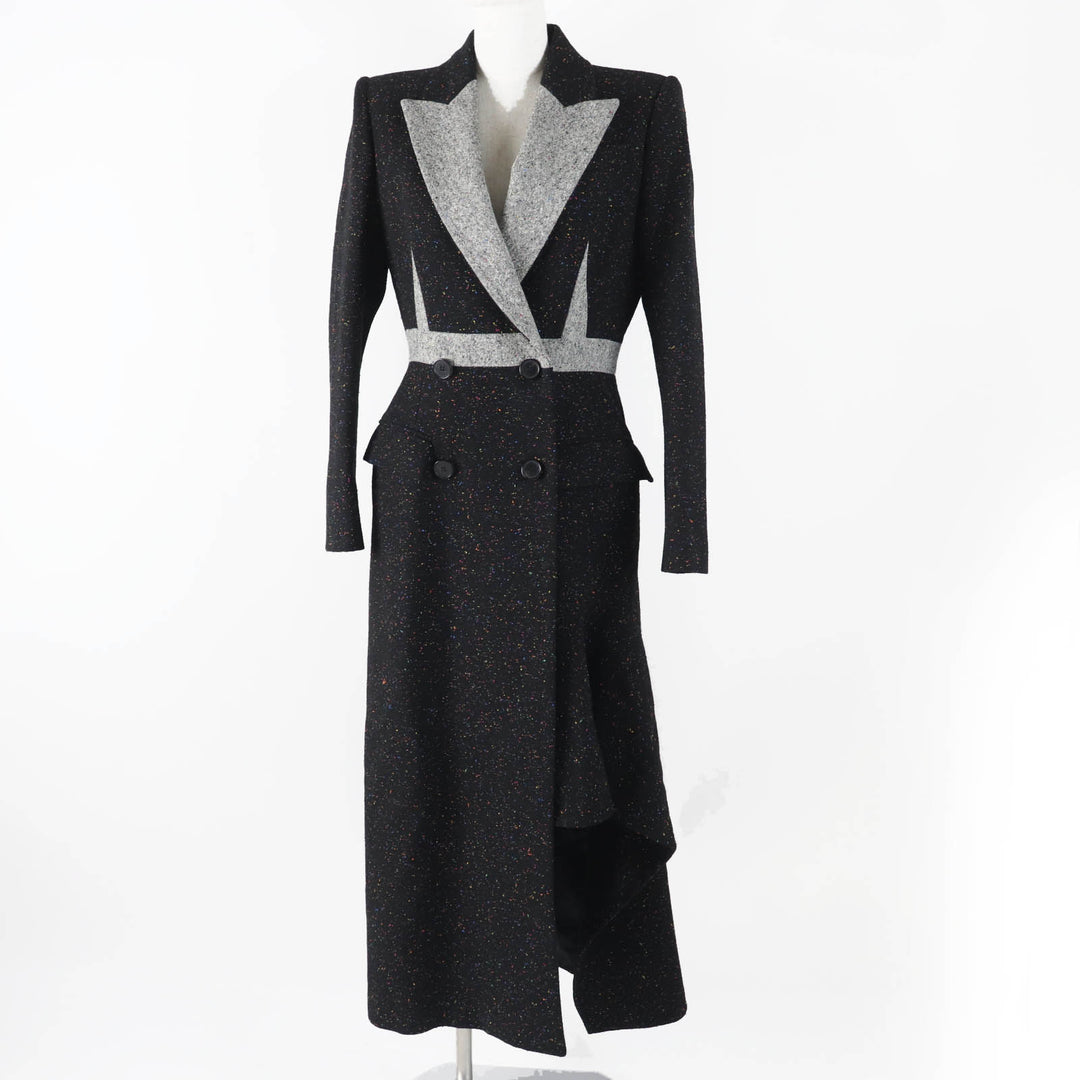 Excellent Alexander McQueen coat long tweed black multi wool Women 40 627522