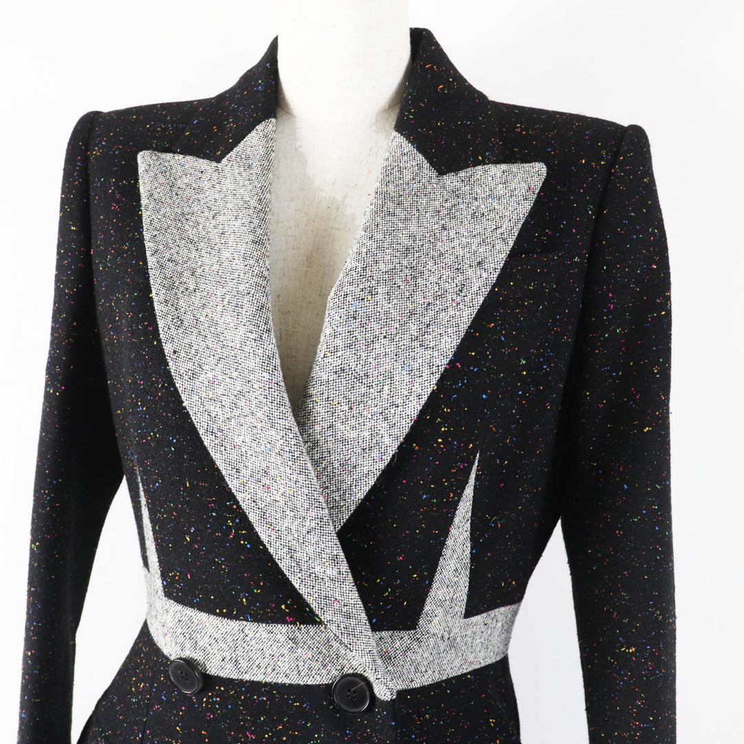 Excellent Alexander McQueen coat long tweed black multi wool Women 40 627522