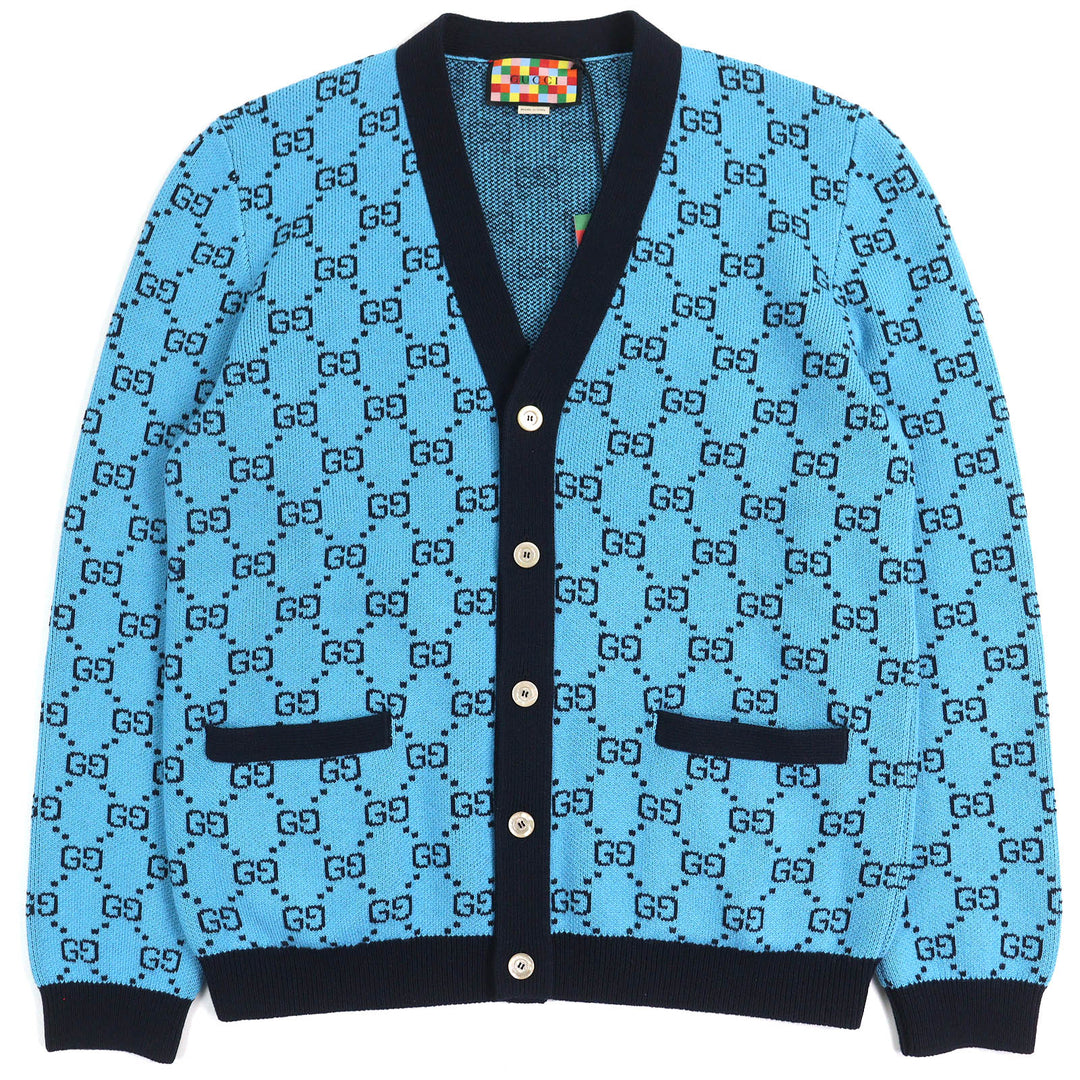 Pristine GUCCI cardigan GG Pattern V-neck Logo Button Knit blue-black wool mens