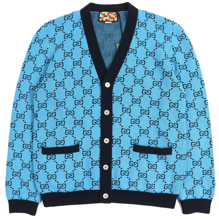 Pristine GUCCI cardigan GG Pattern V-neck Logo Button Knit blue-black wool mens