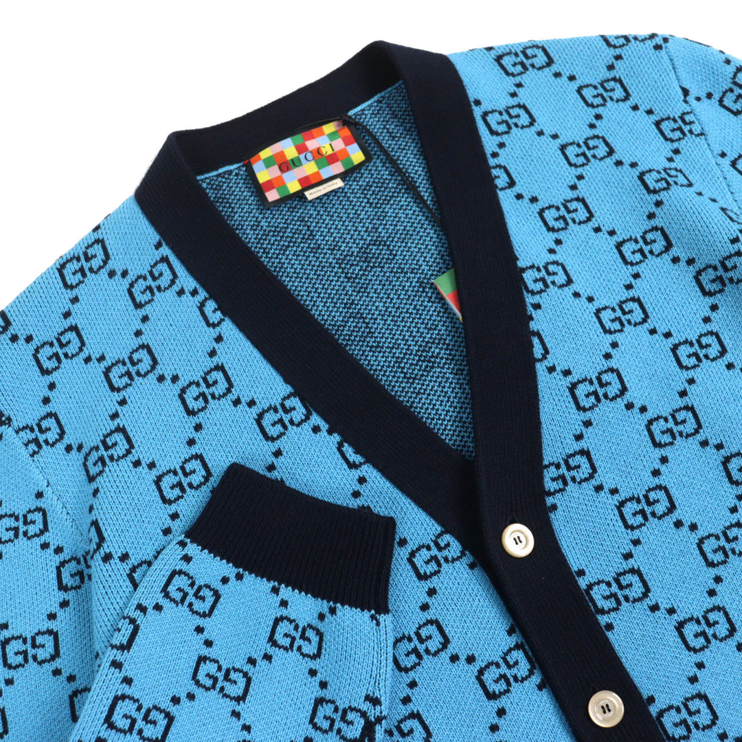 Pristine GUCCI cardigan GG Pattern V-neck Logo Button Knit blue-black wool mens
