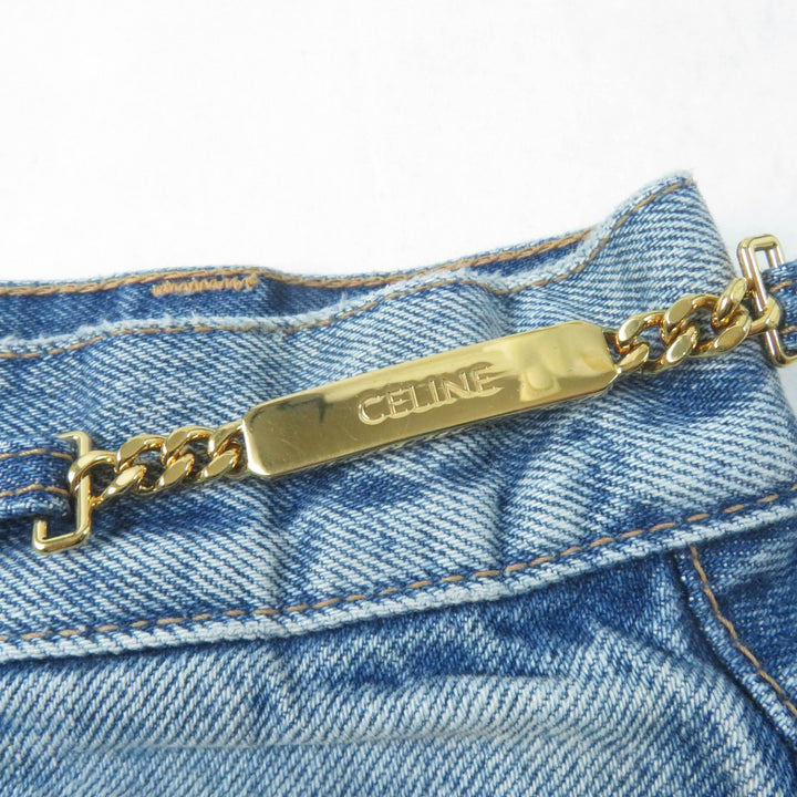 Pristine CELINE skirt Washed denim with logoChain Indigo cotton Women 28 S195