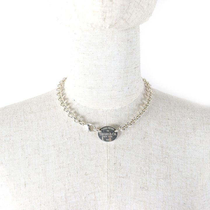Great TIFFANY&Co. Necklace oval tag choker Silver SV925 mens