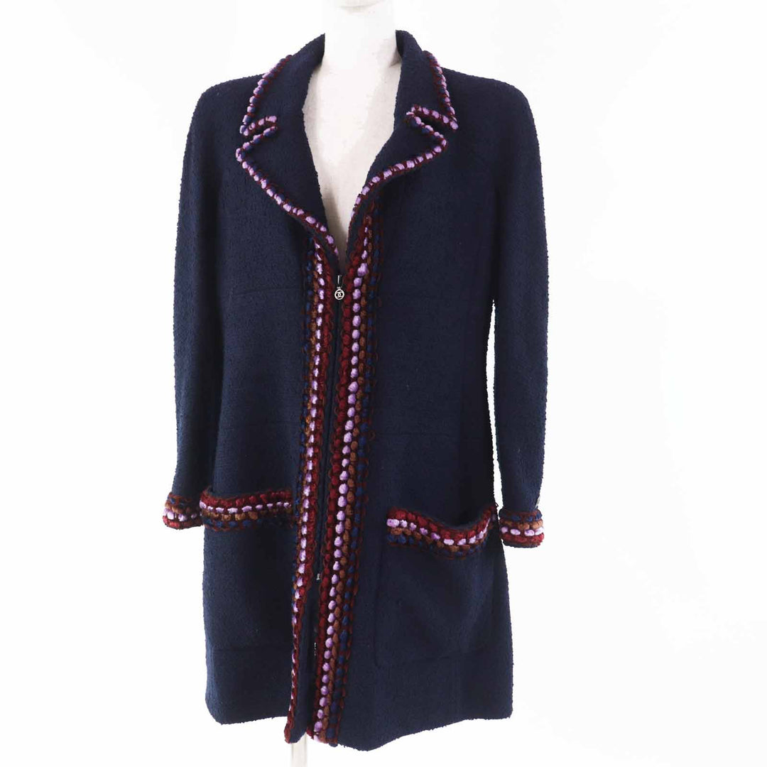 Excellent CHANEL coat Multi-line with COCO Mark plate Navy multi wool Women 40 97A P09407
