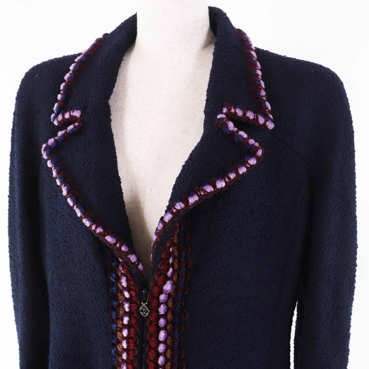 Excellent CHANEL coat Multi-line with COCO Mark plate Navy multi wool Women 40 97A P09407