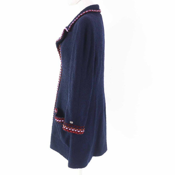 Excellent CHANEL coat Multi-line with COCO Mark plate Navy multi wool Women 40 97A P09407