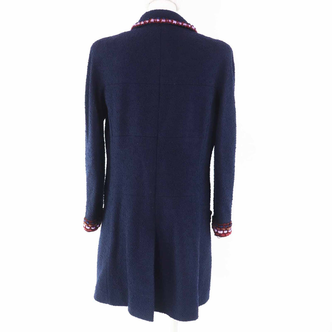 Excellent CHANEL coat Multi-line with COCO Mark plate Navy multi wool Women 40