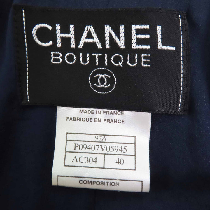 Excellent CHANEL coat Multi-line with COCO Mark plate Navy multi wool Women 40