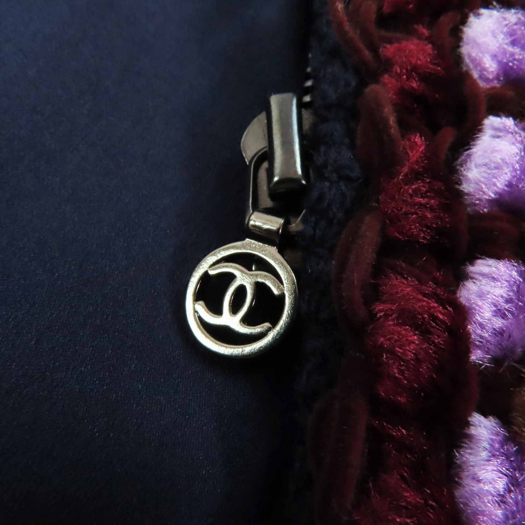 Excellent CHANEL coat Multi-line with COCO Mark plate Navy multi wool Women 40 97A P09407