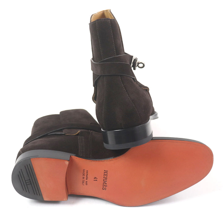 Pristine HERMES boots Fortune Ankle Boots Short Boots Dark brown Suede leather mens 41