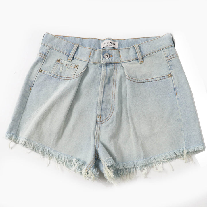 Excellent MIUMIU Shorts Logo Cutoff Light blue cotton Women 26 GWP439