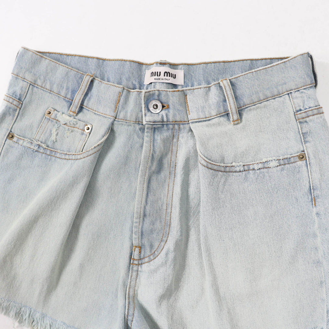 Excellent MIUMIU Shorts Logo Cutoff Light blue cotton Women 26 GWP439