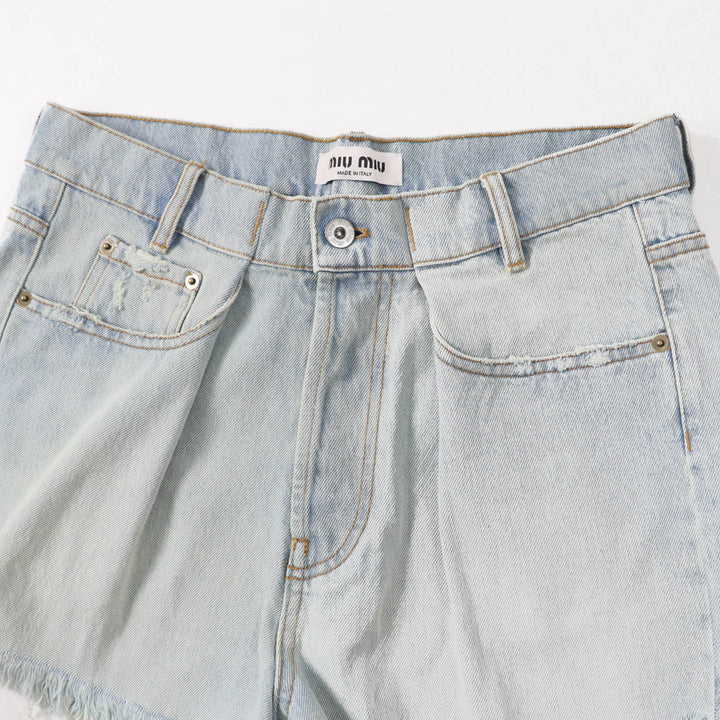 Excellent MIUMIU Shorts Logo Cutoff Light blue cotton Women 26 GWP439