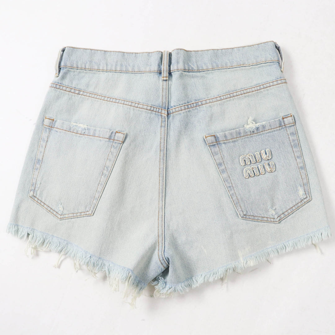 Excellent MIUMIU Shorts Logo Cutoff Light blue cotton Women 26 GWP439