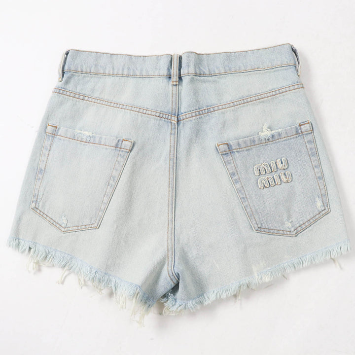 Excellent MIUMIU Shorts Logo Cutoff Light blue cotton Women 26 GWP439
