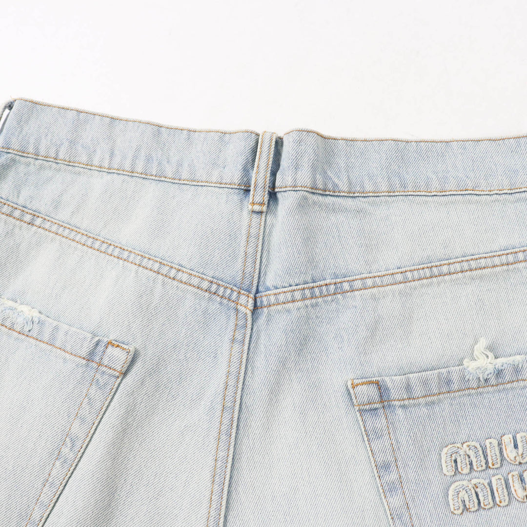 Excellent MIUMIU Shorts Logo Cutoff Light blue cotton Women 26 GWP439