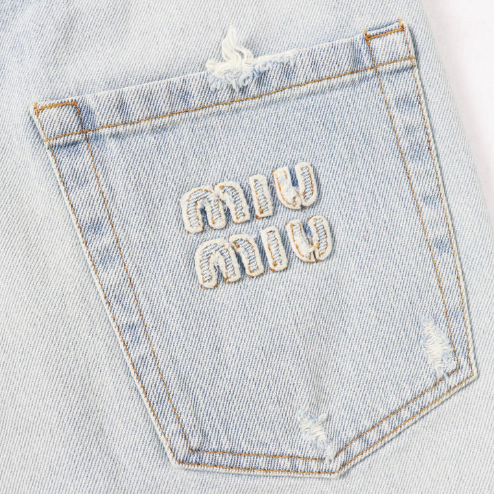 Excellent MIUMIU Shorts Logo Cutoff Light blue cotton Women 26 GWP439