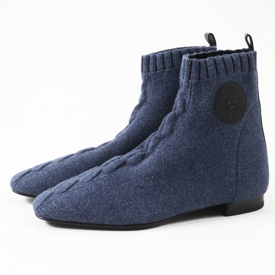 Pristine HERMES short boots duo Exlibris Flat Knit Blue Women 36
