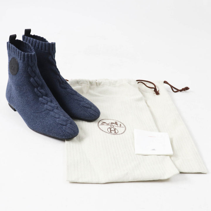 Pristine HERMES short boots duo Exlibris Flat Knit Blue Women 36