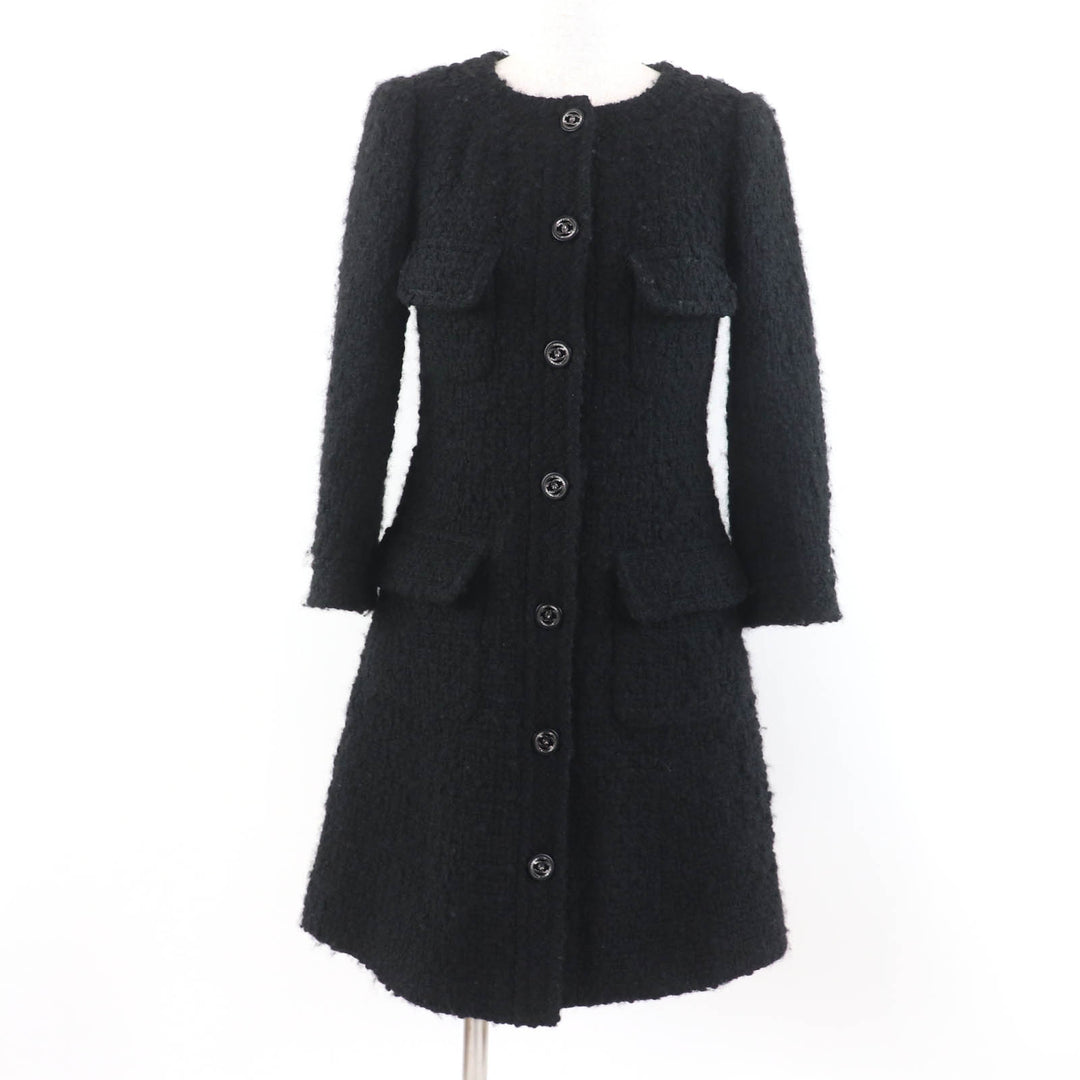 Excellent CHANEL coat Tweed with COCO Mark buttons black wool Women 34 P46625V28631