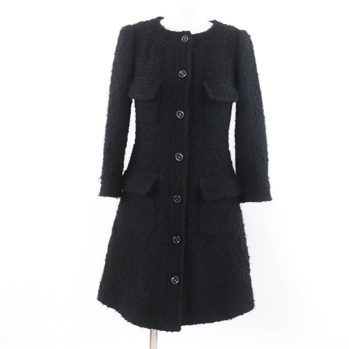 Excellent CHANEL coat Tweed with COCO Mark buttons black wool Women 34 P46625V28631